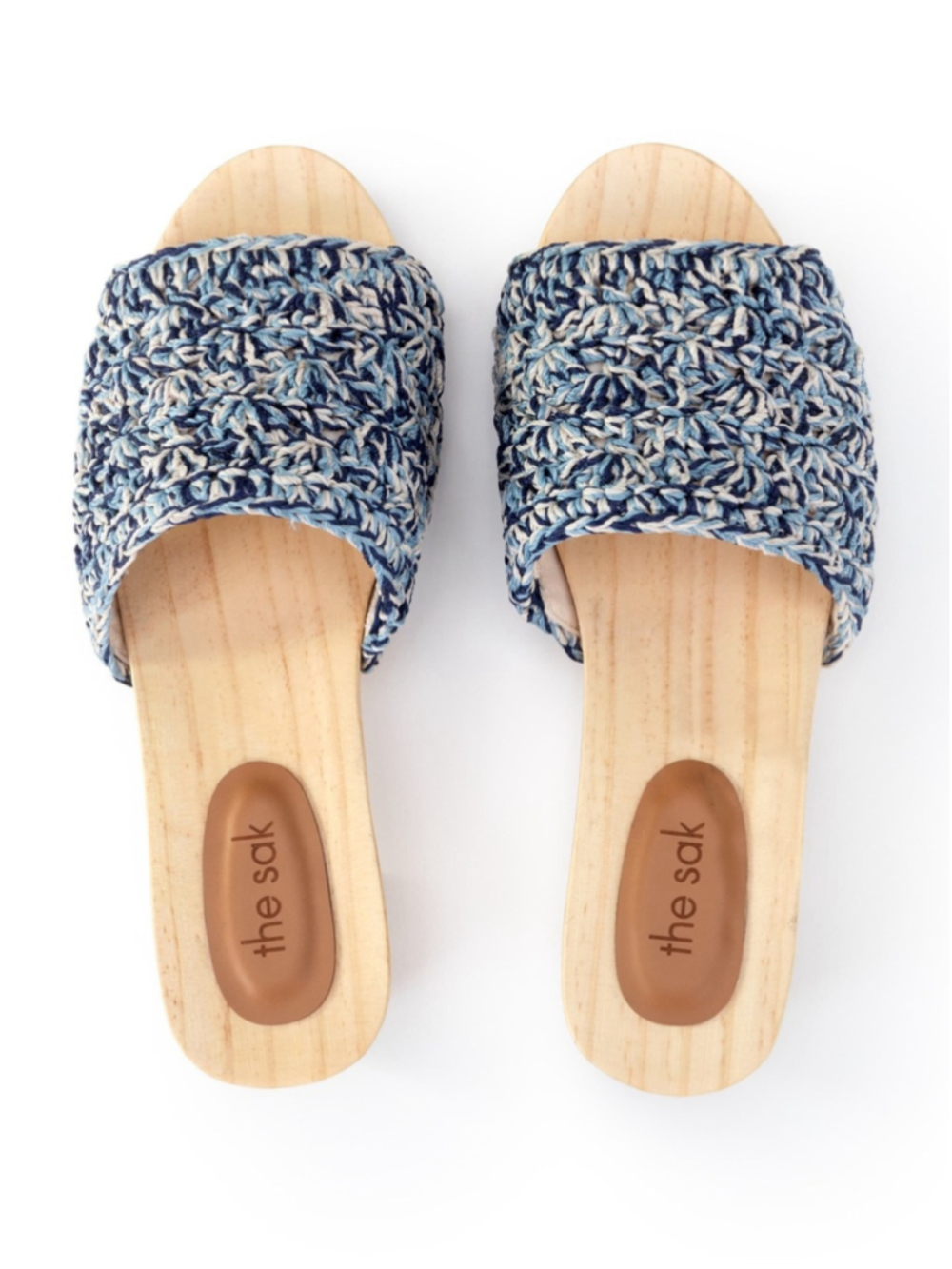 The Sak Ella Blue and Cream Braided Crochet Slide Mules